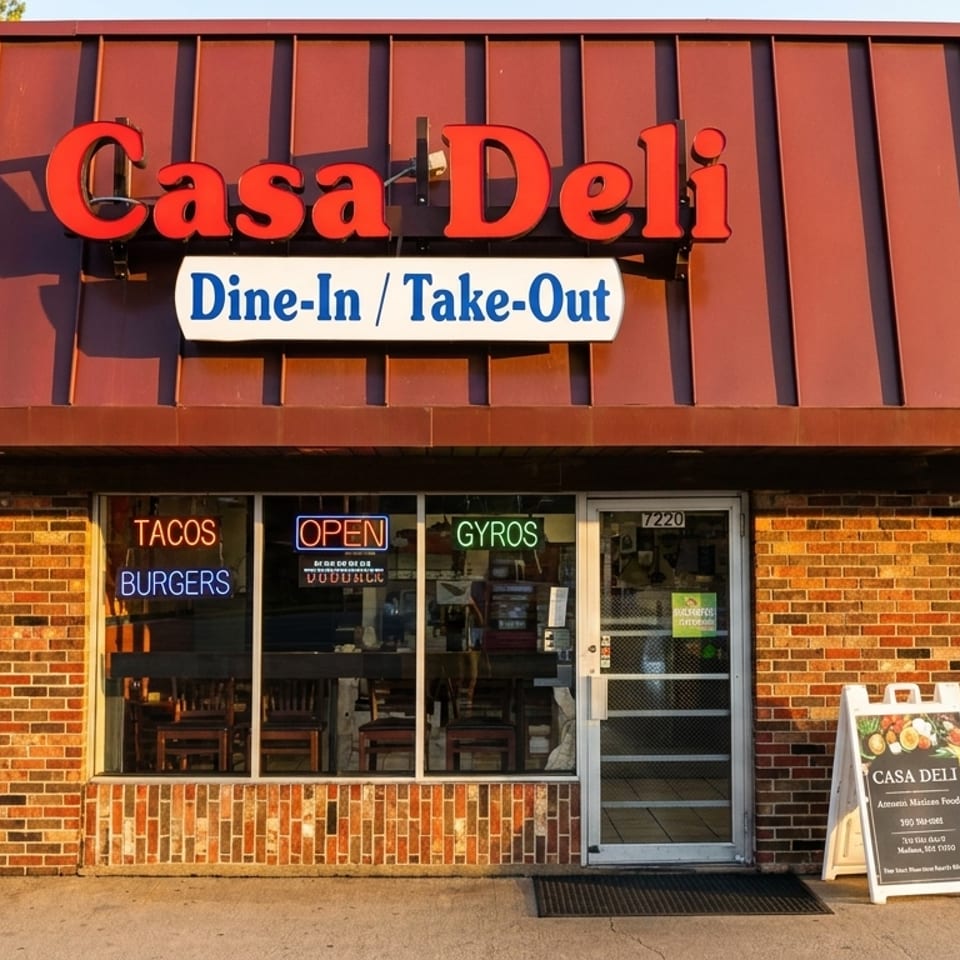 Casa Deli restaurant storefront with red awning, brick facade, dine-in and take-out signage, and windows advertising tacos, burgers, and gyros.