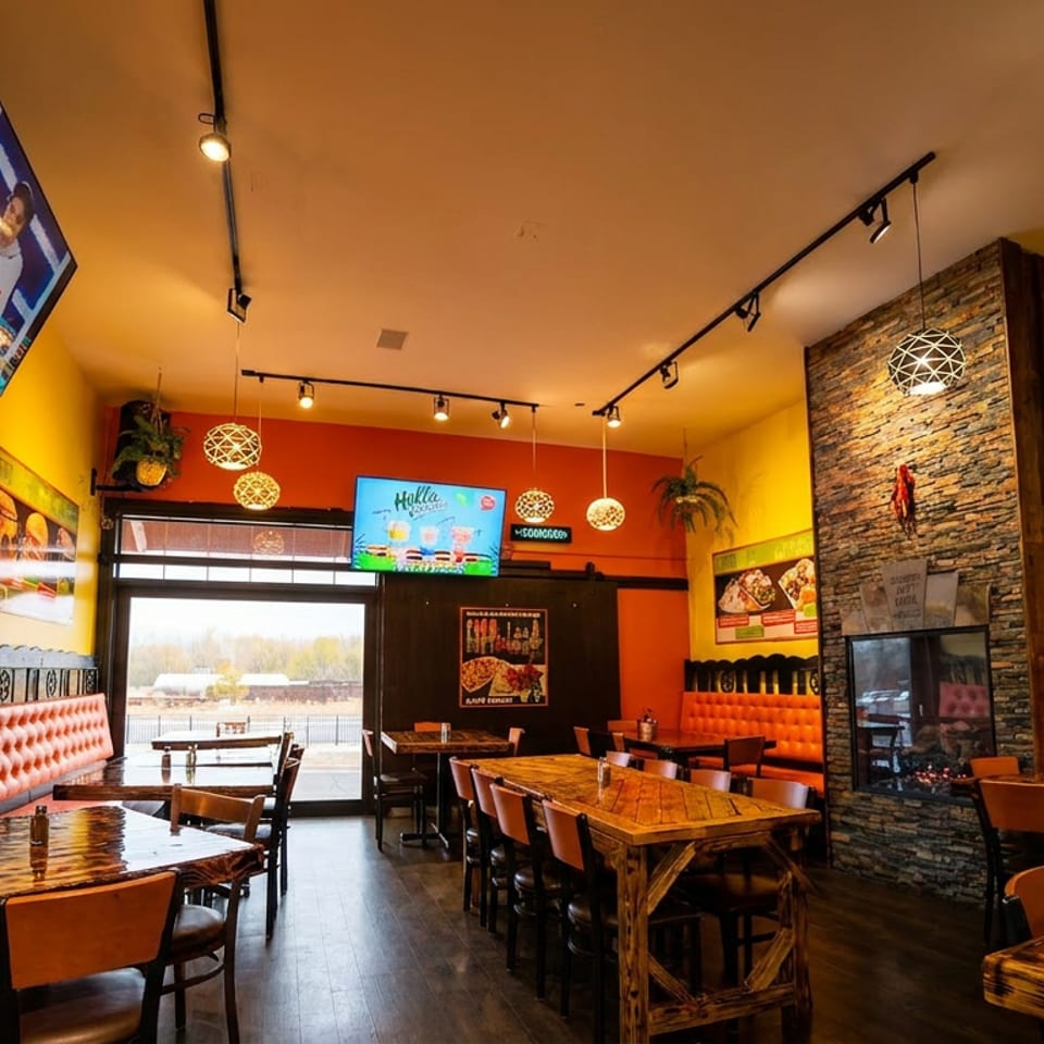 Vibrant restaurant interior with yellow and orange walls, wooden tables, orange booth seating, and a stone fireplace.